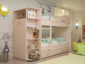 Кровать 2-х ярусная Мая с ящиками и шкафом на латофлексах млечный дуб в Ревде - revda.magazinmebel.ru | фото