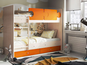 Кровать двухъярусная Тетрис латы с бортиками дуб млечный-оранжевый в Ревде - revda.magazinmebel.ru | фото